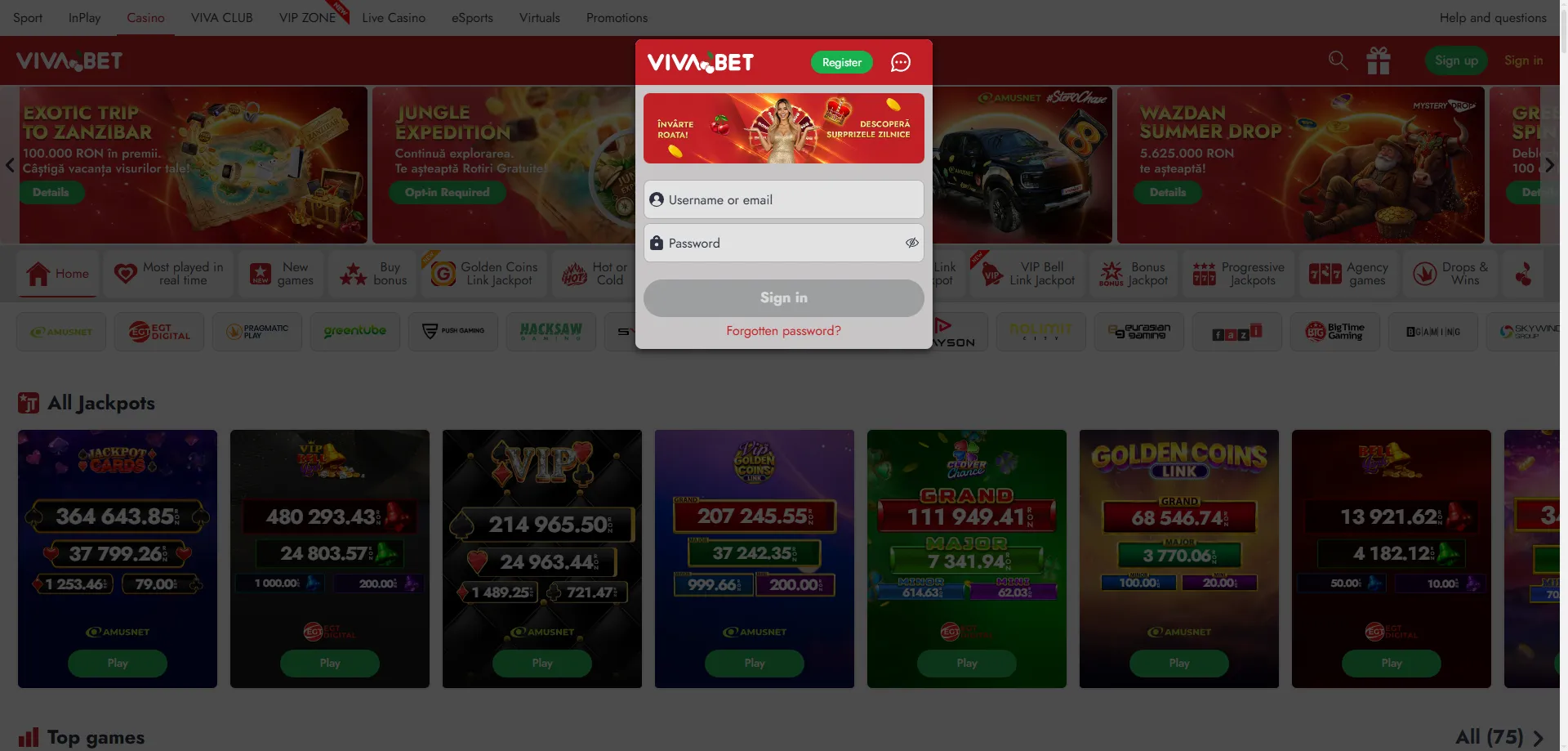 Pantalla de inicio de sesión en VIVABET Casino para jugadores registrados