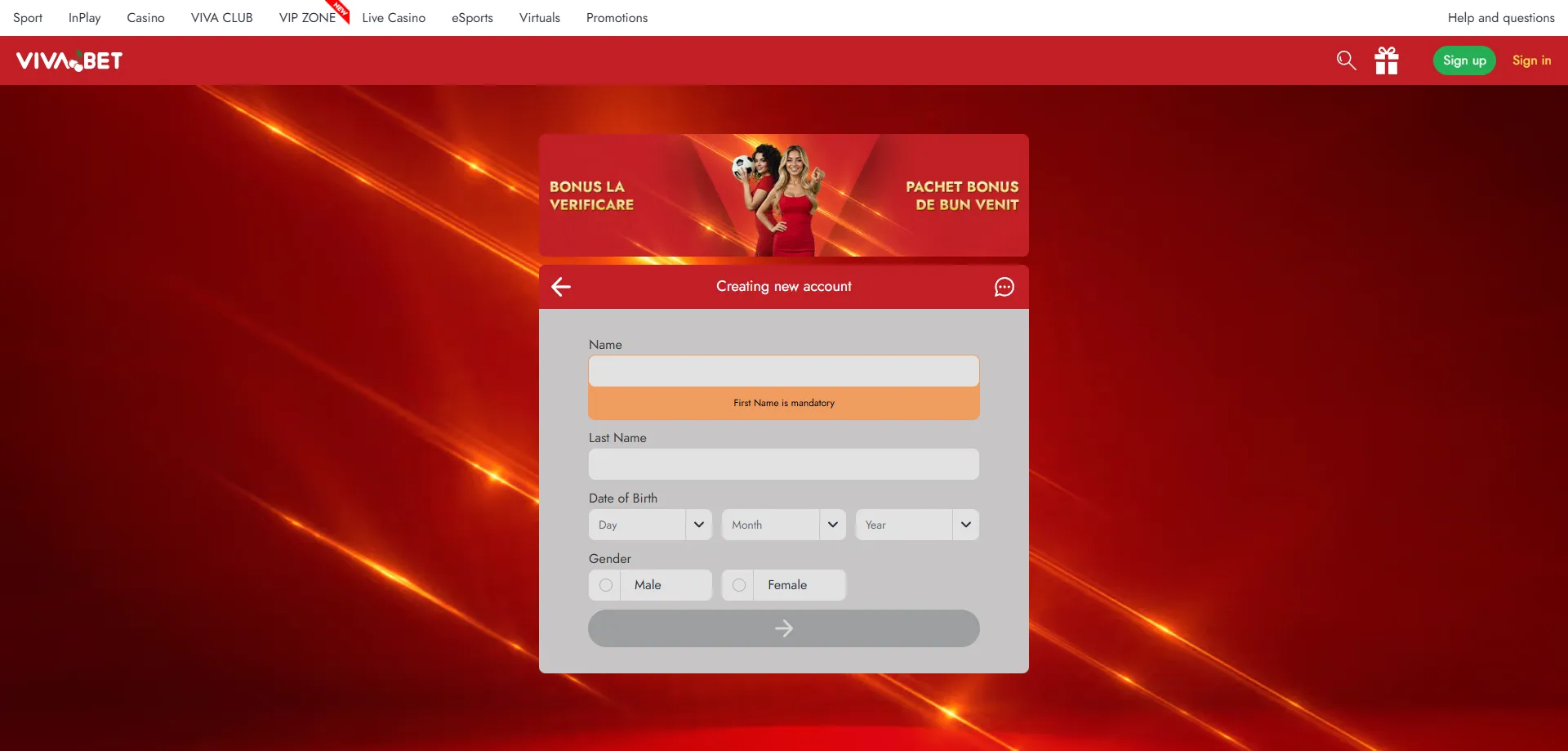 Formulario de registro en VIVABET Casino para jugadores mexicanos